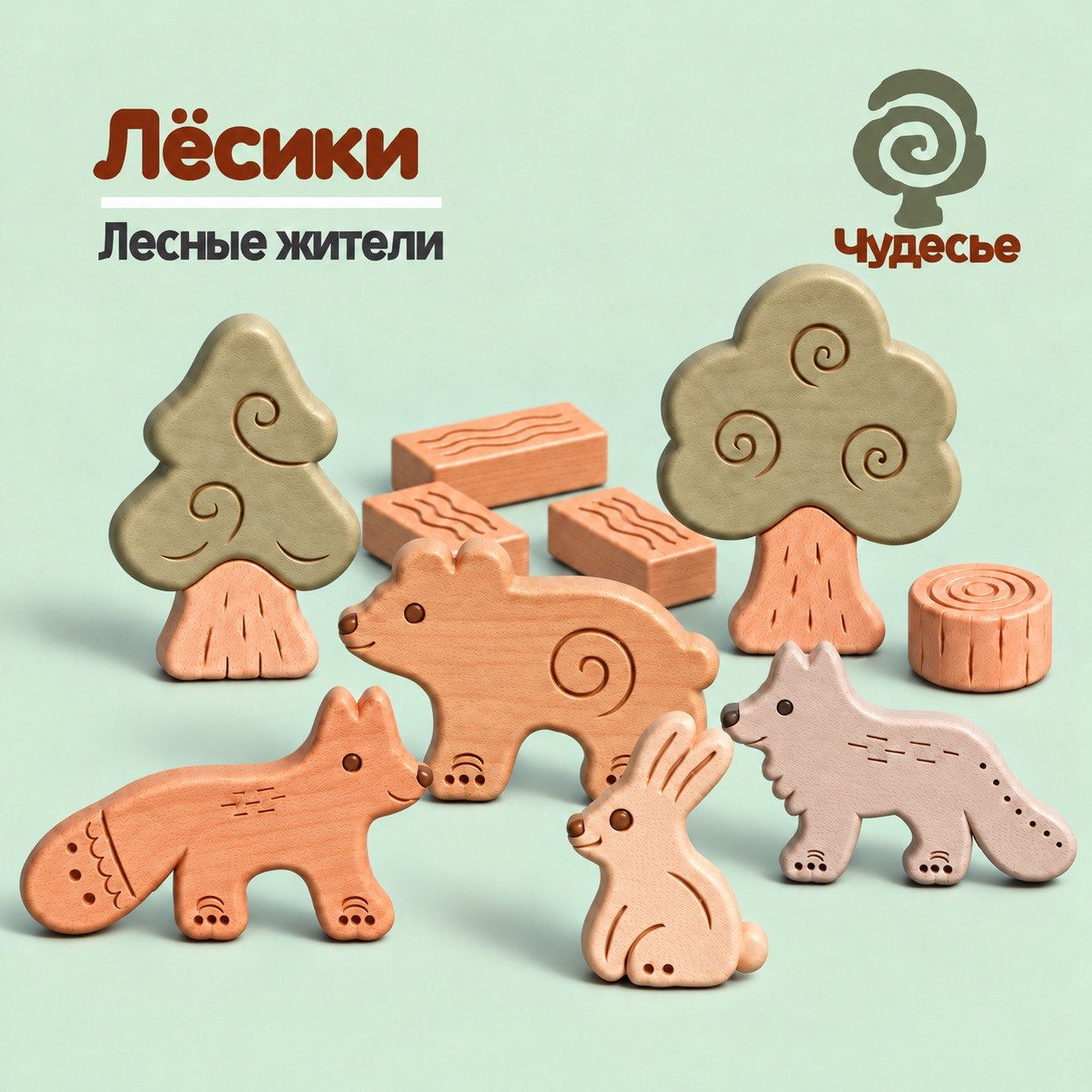Иллюстрация будущего набора «Лёсики — лесные жители» с деревянными зверями и деревьями